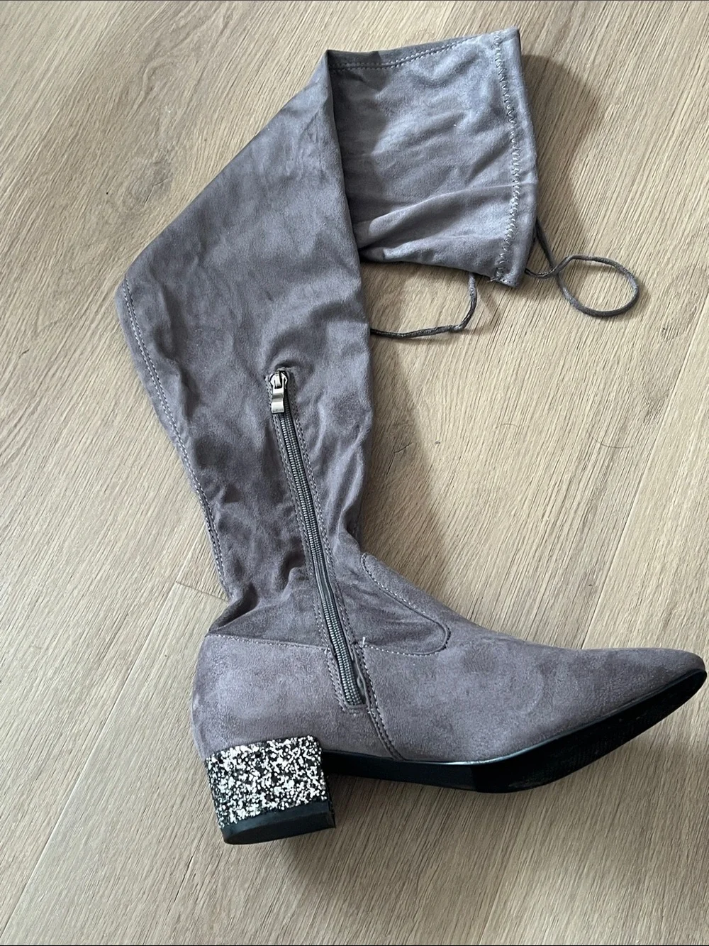 Catherine Malandrino Gray Suede Over-the-Knee Boots with Glitter Block Heel